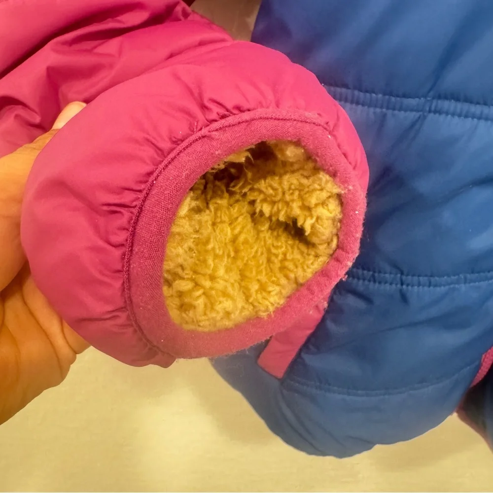 Eddie Bauer Puffer Jacket Girls 10/12 Pink Blue Hooded Winter Snow Warm Fleece